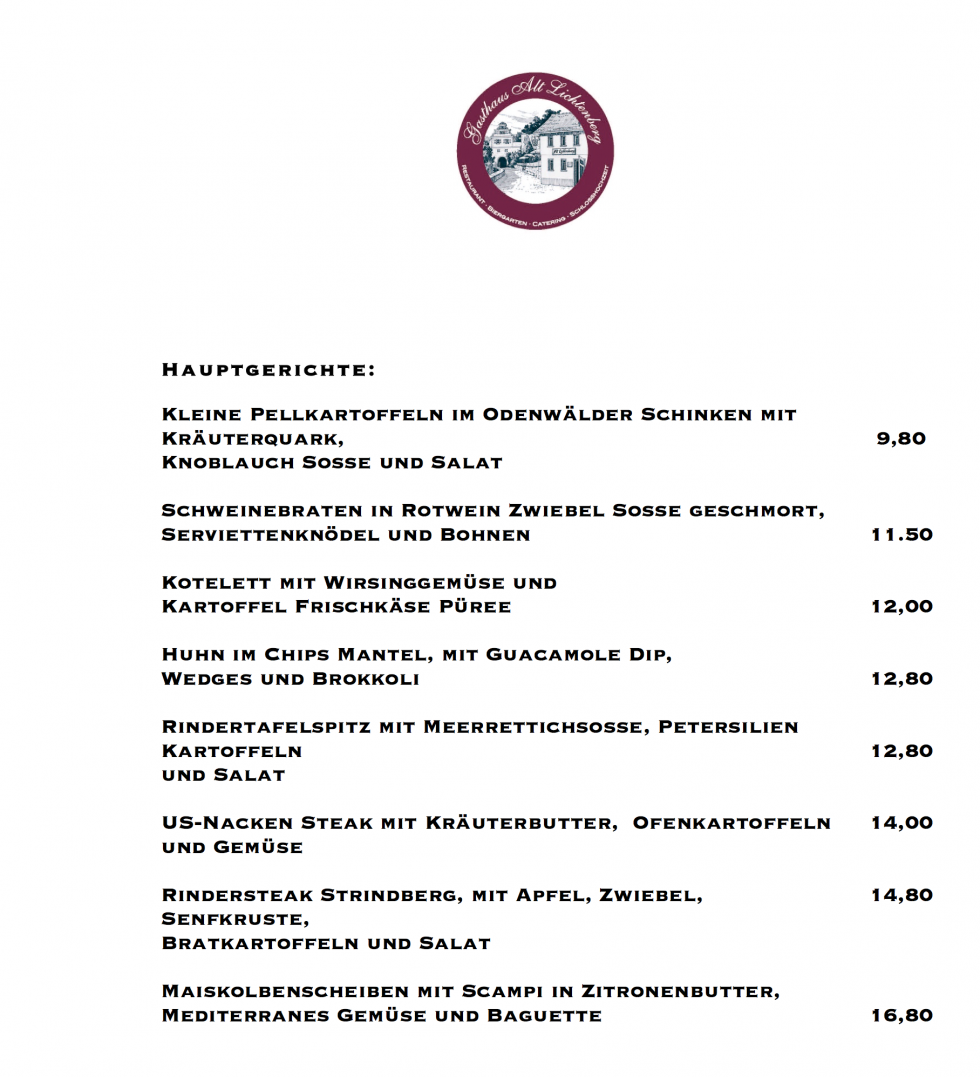 Aktualisierte Speisekarte im März 2015